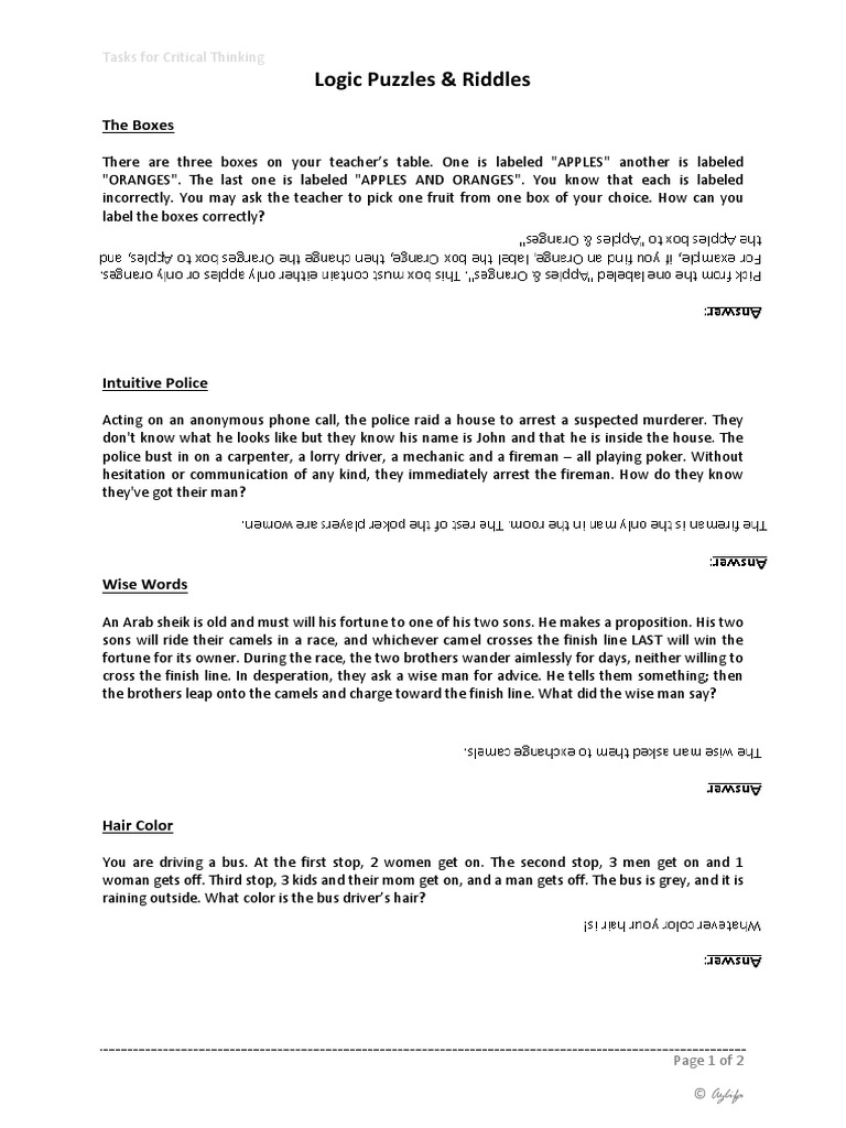 Logic Puzzles Riddles1 | PDF | Leisure