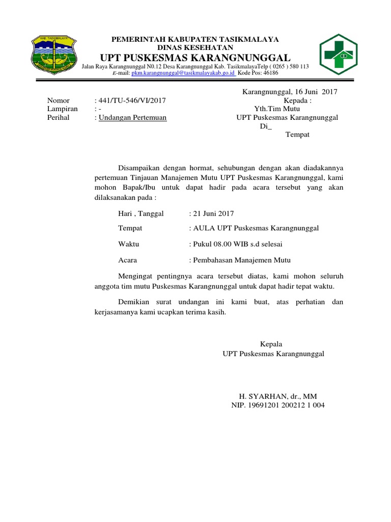 Surat Undangan Pertemuan Tinjauan Manajemen Mutu | PDF