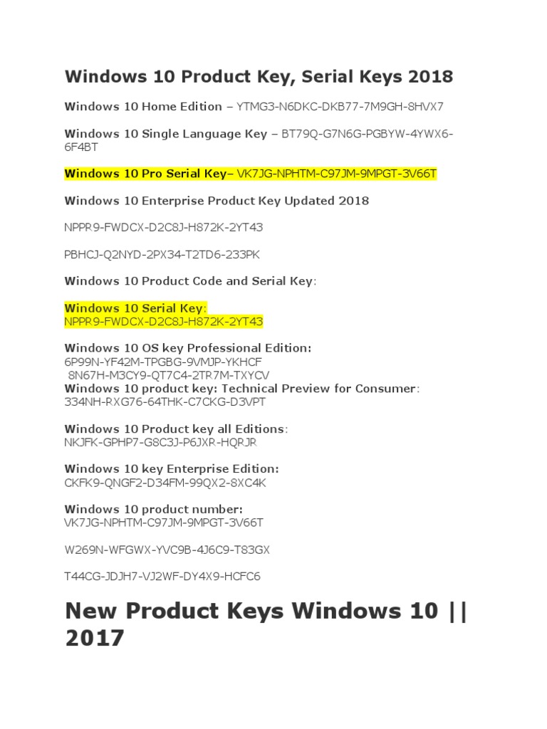 A Comprehensive Collection of Windows 10 Product Keys for Multiple Editions, PDF, Windows 10