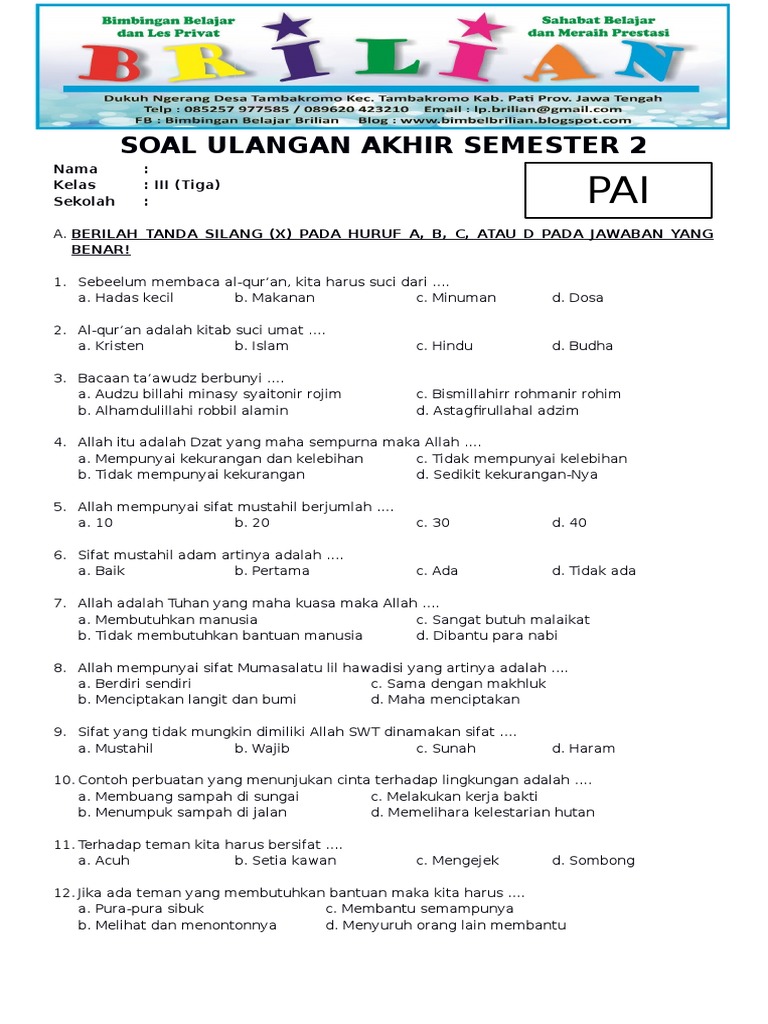 Soal Tentang Arti Sifat Mustahil Allah Kls 3 Semester 2