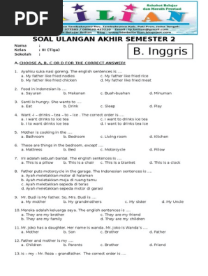 Soal Uas B Inggris Kelas 3 Sd Semester 2 Dan Kunci Jawaban