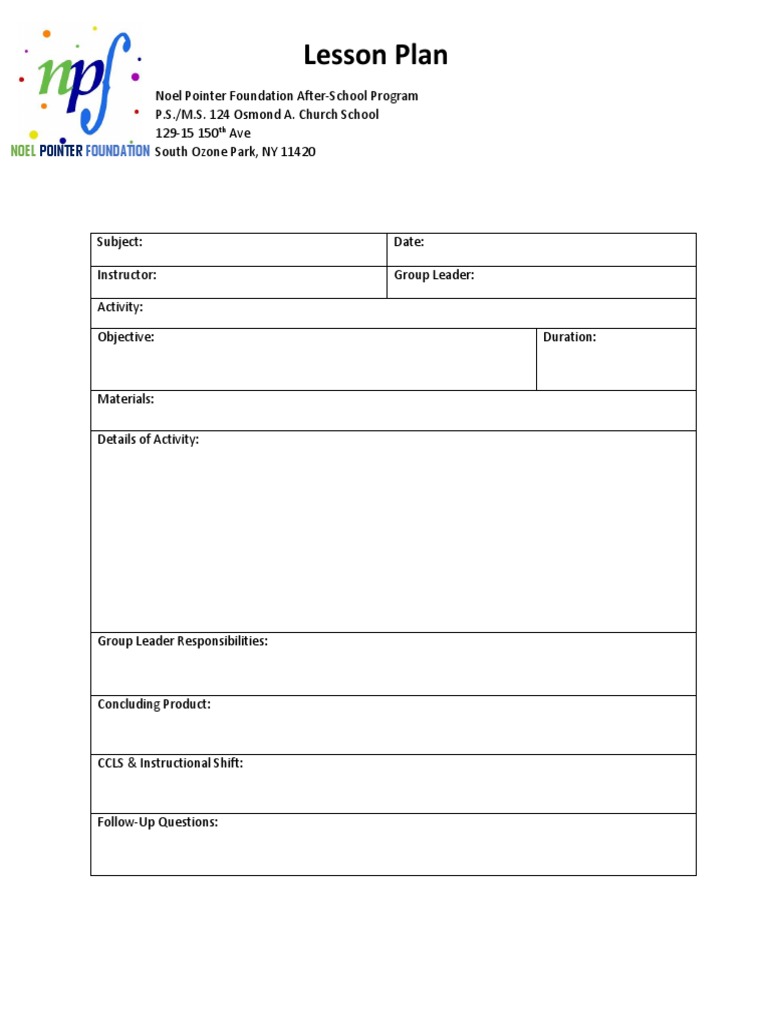 After-School Program Lesson Plan Template | PDF