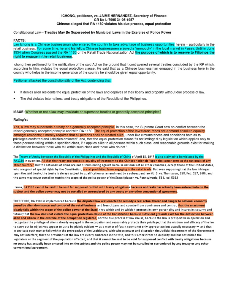 Ichong v. Hernandez: RA 1180 Ruling | PDF | Fourteenth Amendment To The  United States Constitution | Equal Protection Clause