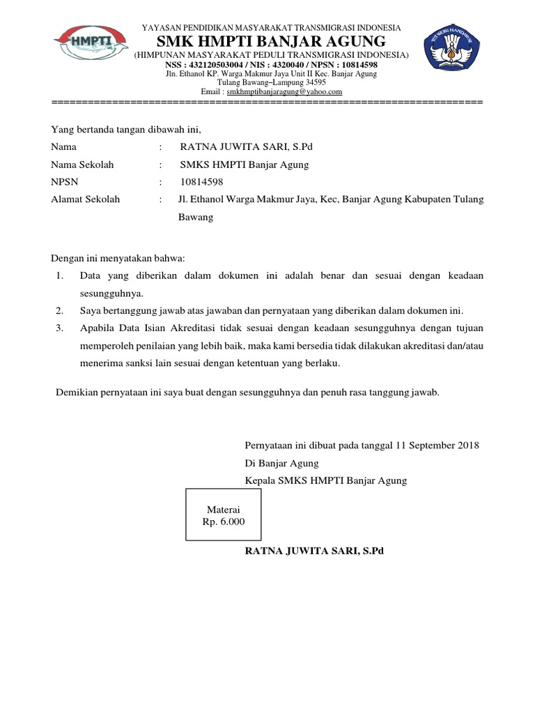 Surat Pernyataan Kepala Sekolah