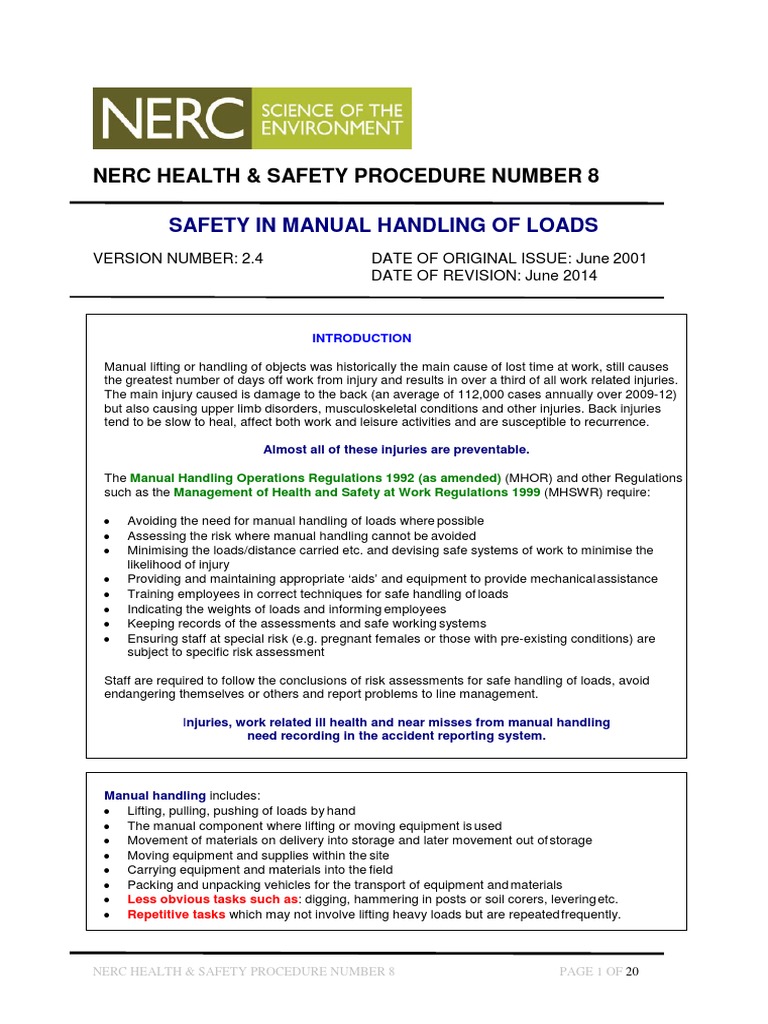 Manual Handling Safety Procedures | PDF | Occupational Safety And ...