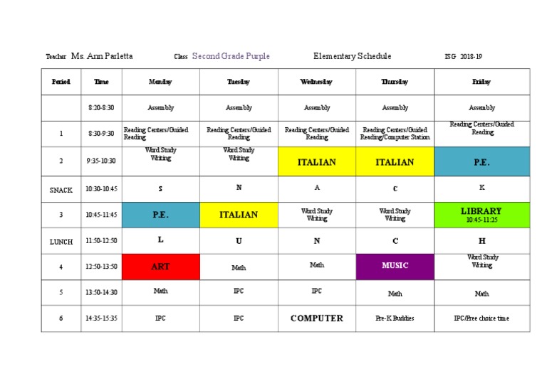 Second Grade Weekly Class Schedule | PDF | Learning