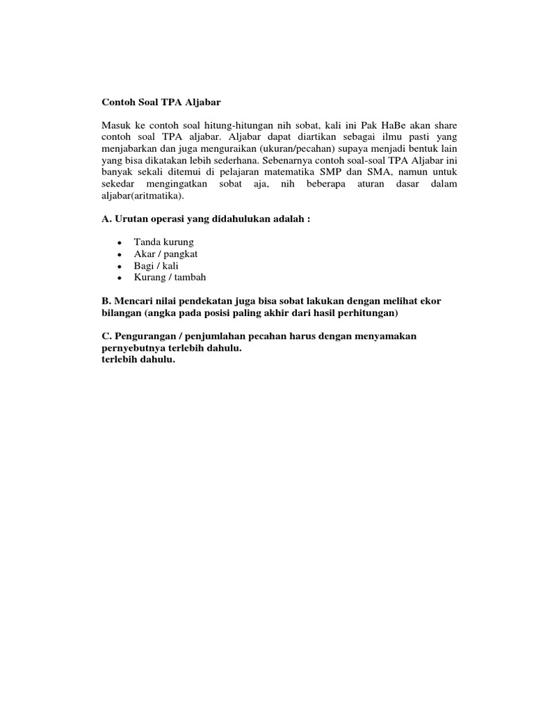 Contoh Soal Tpa Aljabar