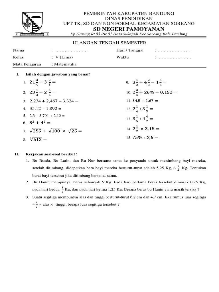 Soal UTS Kelas 5 Semester 1