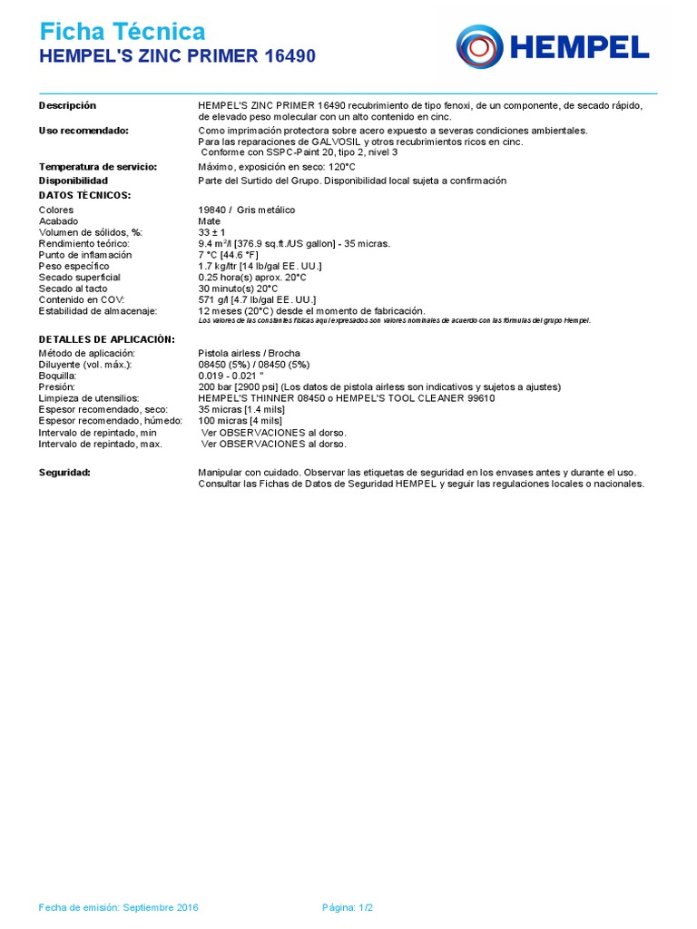 PDS ZINC PRIMER 16490 esES Hoja Técnica Zinc Pintar