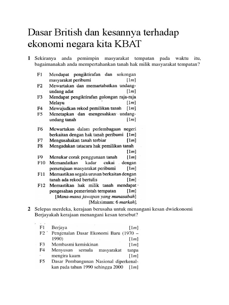 Dasar British Dan Kesannya Terhadap Ekonomi Negara Kita Kbat