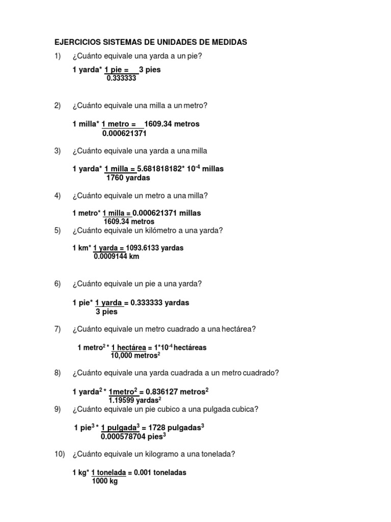 Cuanto Equivale 1 Milla En Kilometros Ejercicios Sistemas de Unidades de Medidas | PDF | Pie (unidad) | Tonelada