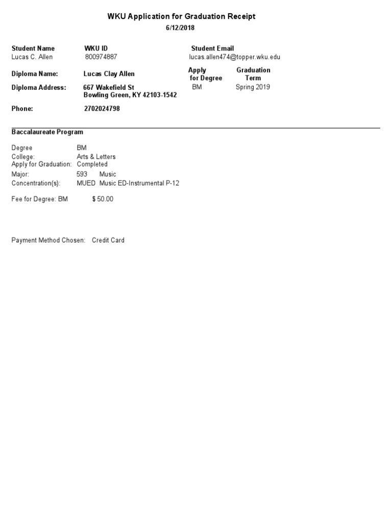 WKU Application For Graduation Receipt | PDF