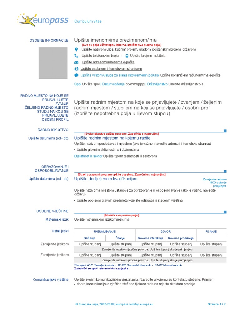 Europass CV Instructions HR PDF
