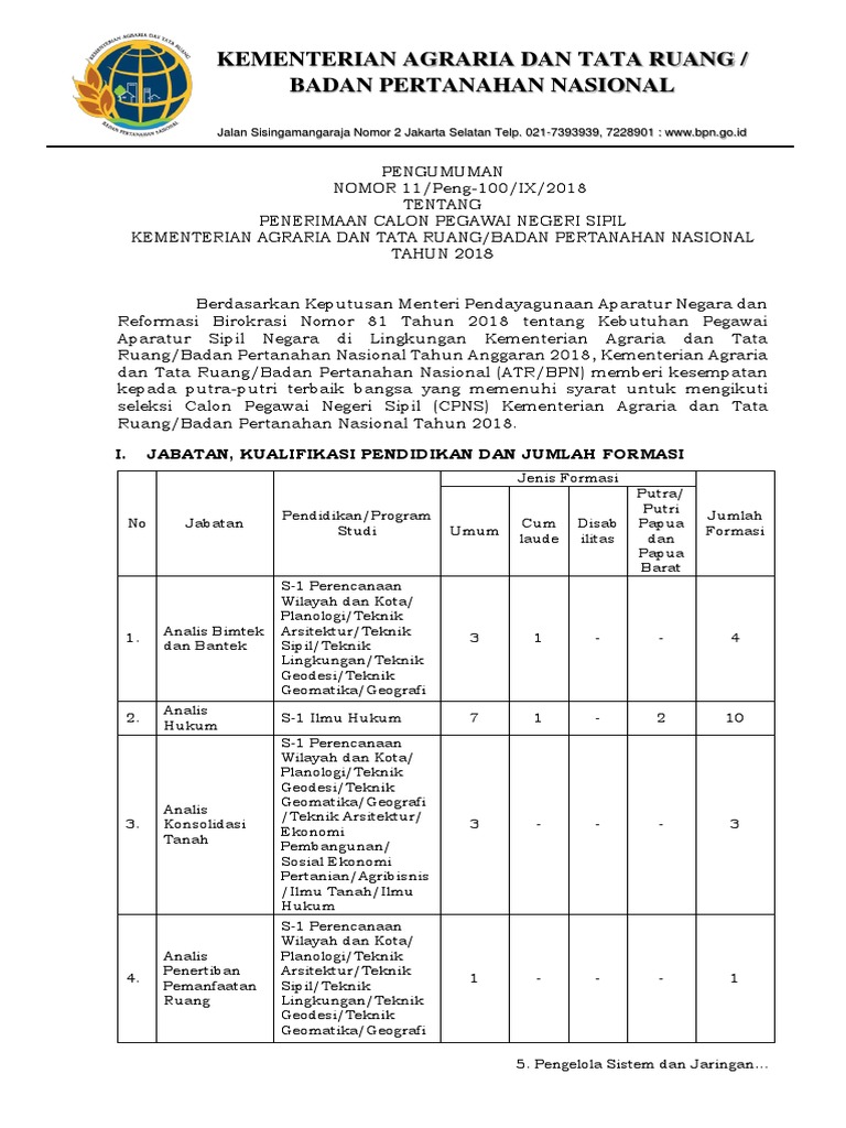 Pengumuman Penerimaan Cpns Atr Bpn 2018 Pdf