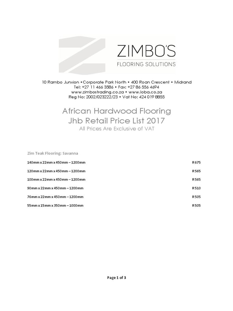 African Hardwood Flooring JHB Retail Price List 2017 All Prices Are