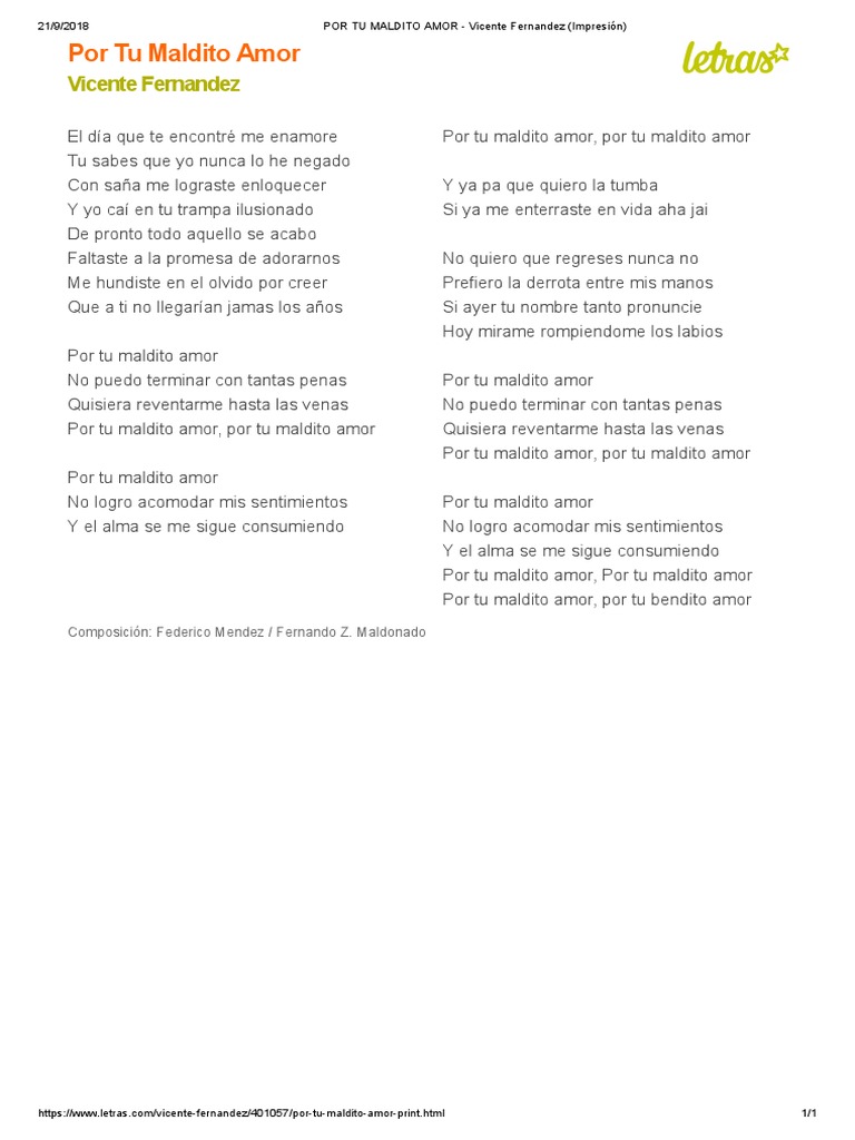 Por Tu Maldito Amor Vicente Fernandez Impresion Pdf