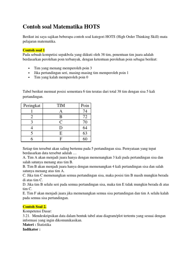 Soal Matematika Kelas 6 Hots - qwlearn