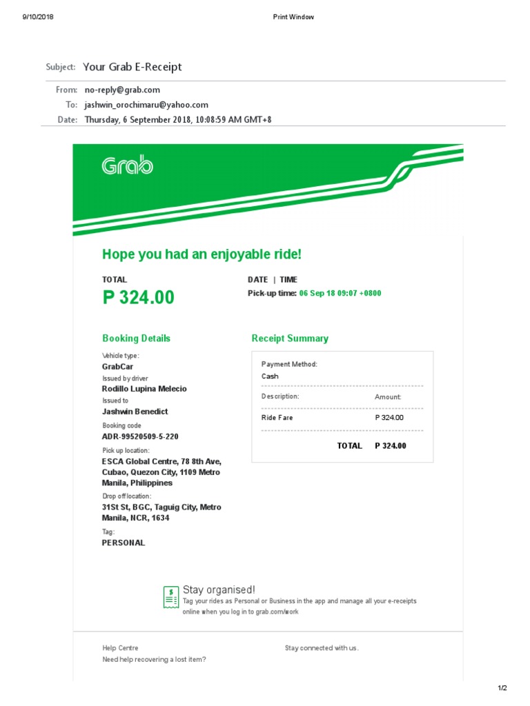 Hope You Had An Enjoyable Ride! Your Grab EReceipt PDF Metro