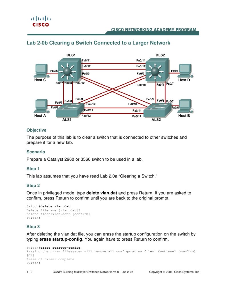 Lab 2-0b Clearing A Switch Connected To A Larger Network: Objective ...