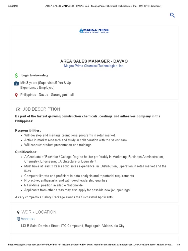 AREA SALES MANAGER - DAVAO Job - Magna Prime Chemical Technologies, Inc ...