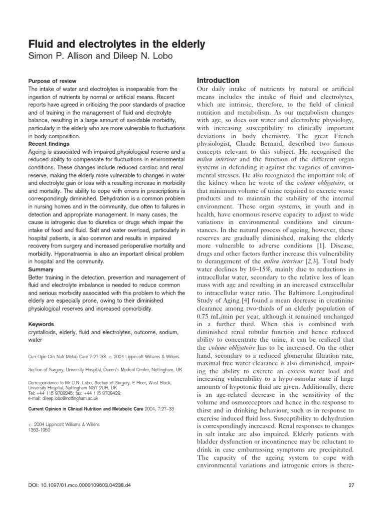 Fluid and Electrolyte Management in the Elderly | PDF | Dehydration ...