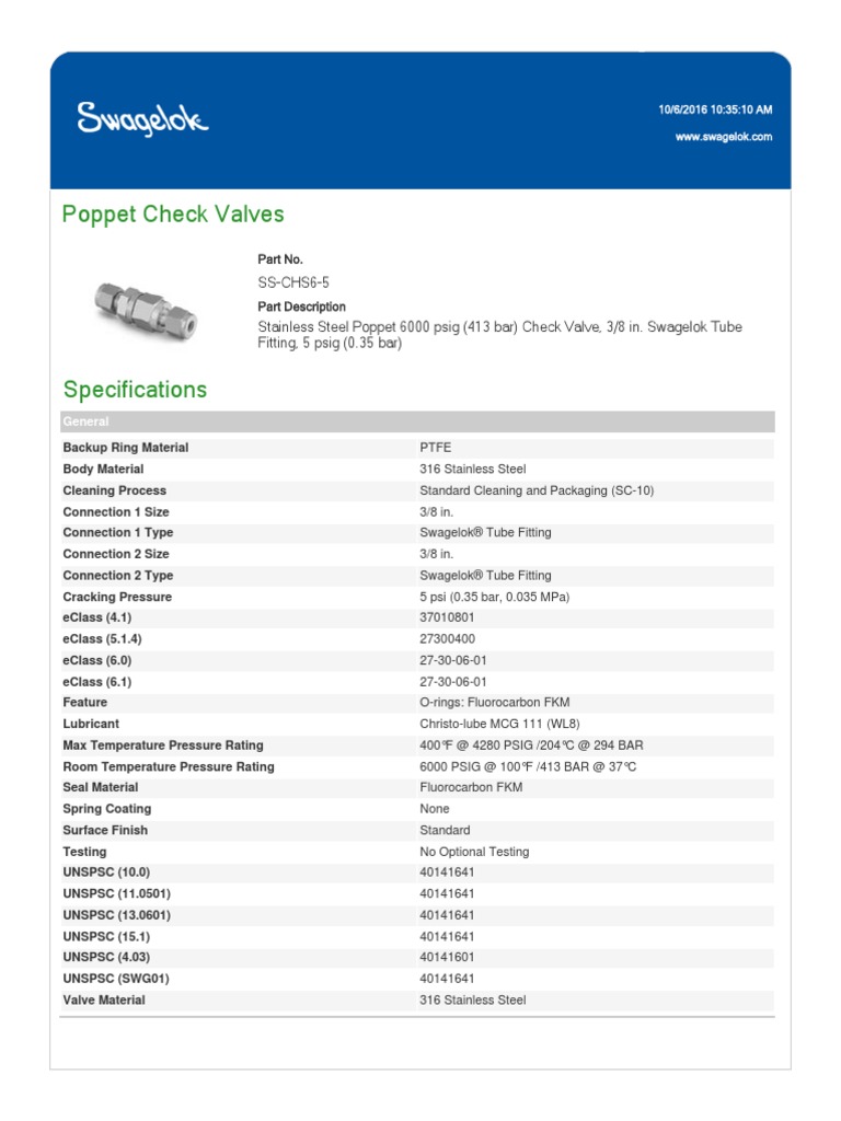Swagelok Stainless Steel Check Valve - 3/8" Tube, 6000 Psi, Poppet Style (SS-CHS6-BU-1)