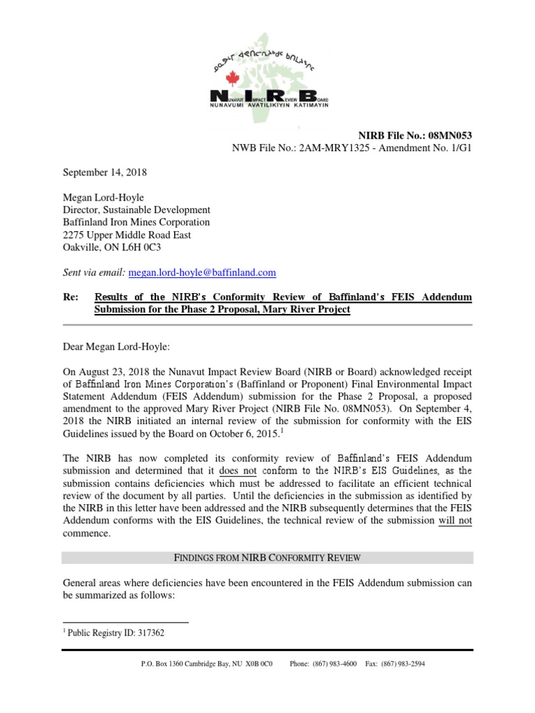 NIRB Review of Baffinland's FEIS Addendum | PDF | Business