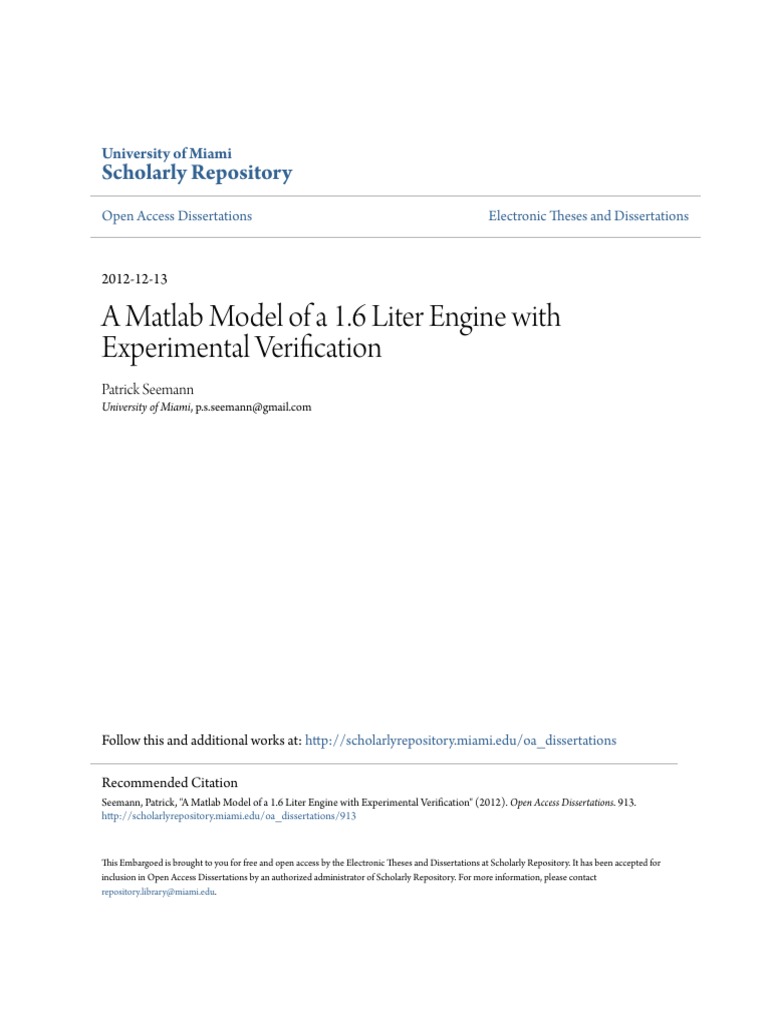 A Matlab Model of A 1.6 Liter Engine With Experimental Verificati PDF ...