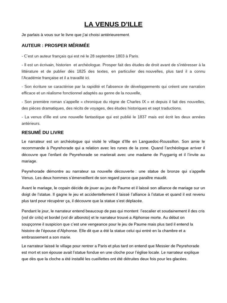 Résumé La Vénus D ille Pdf La Venus D'ille (Résumé) | PDF