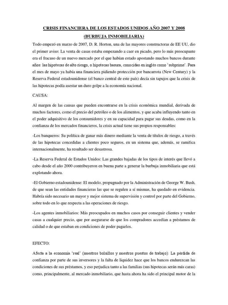 Crisis Financiera de Los Estados Unidos Año 2007 y 2008 | PDF | Crisis ...