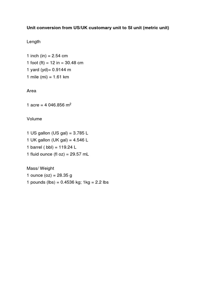 Customary Unit Conversion Chart | PDF | Science & Mathematics