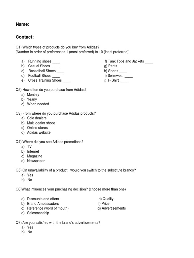 Adidas Customer Questionnaire PDF Adidas Brand