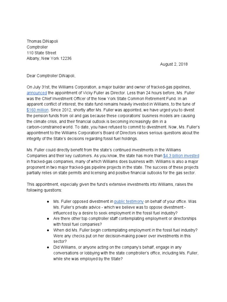 Environmental Groups Letter To NY Comptroller | PDF | Employment ...