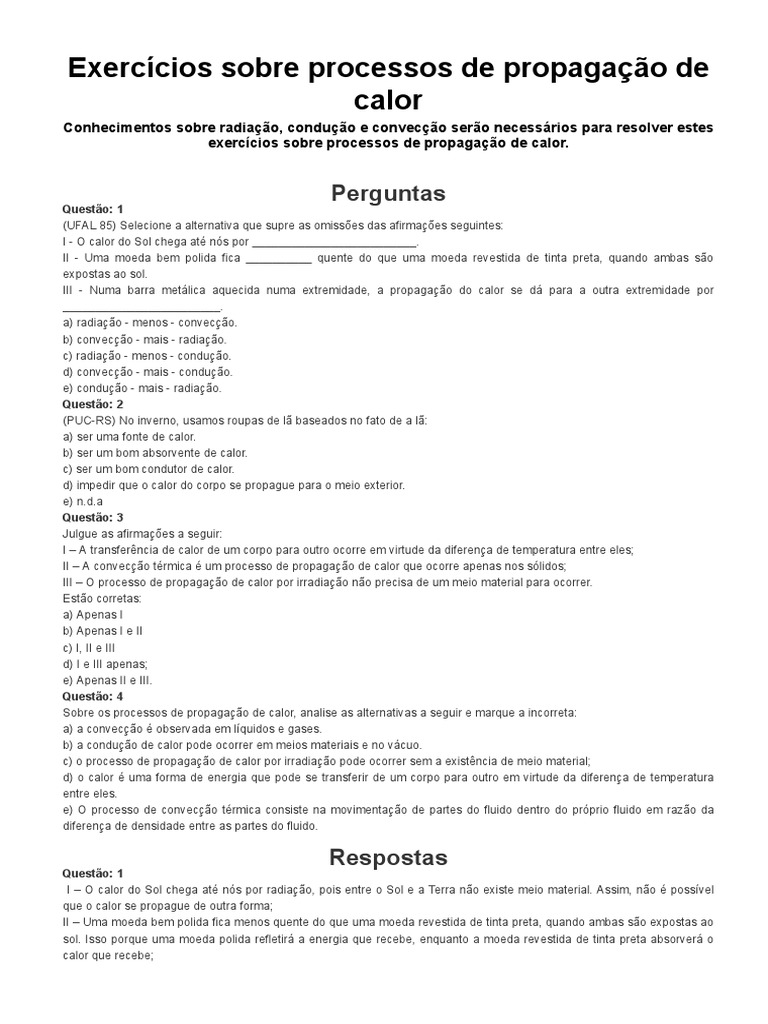 Exercícios sobre Propagação de Calor 7º Ano | PDF | Condução térmica ...
