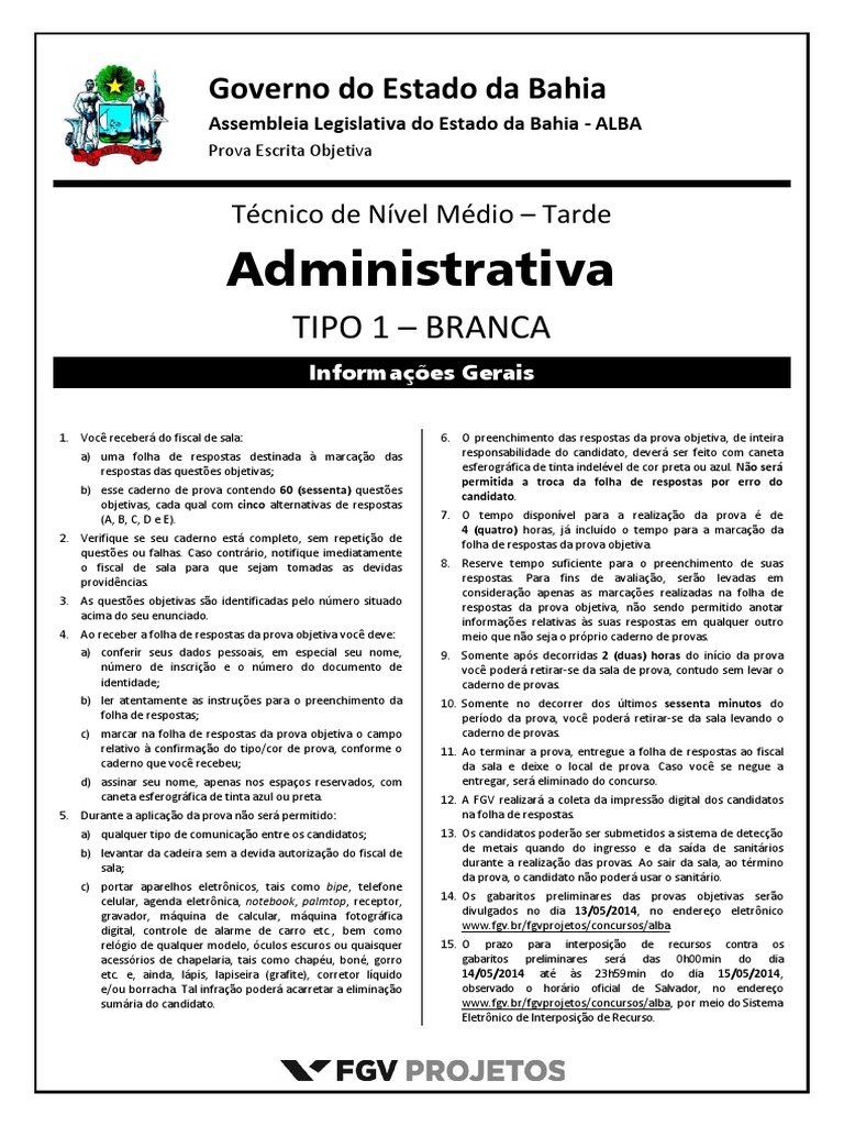 Prova FGV: Técnico Nível Médio 2014 | PDF | Administração pública ...