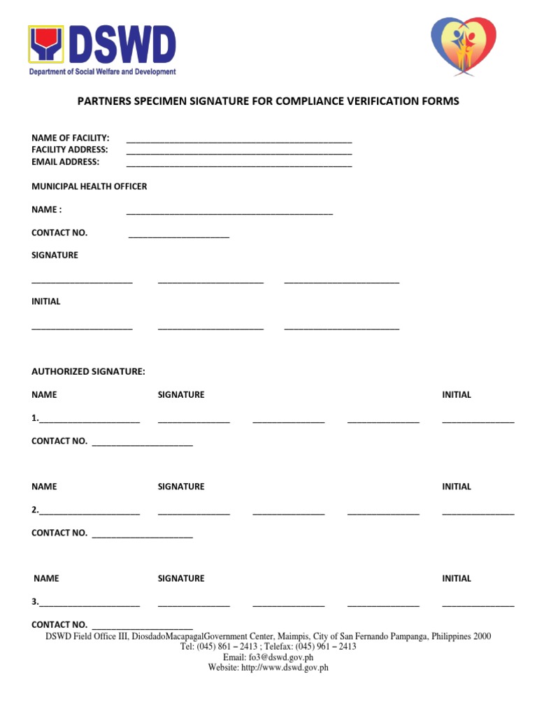 DSWD Specimen Signature Compliance Form | PDF