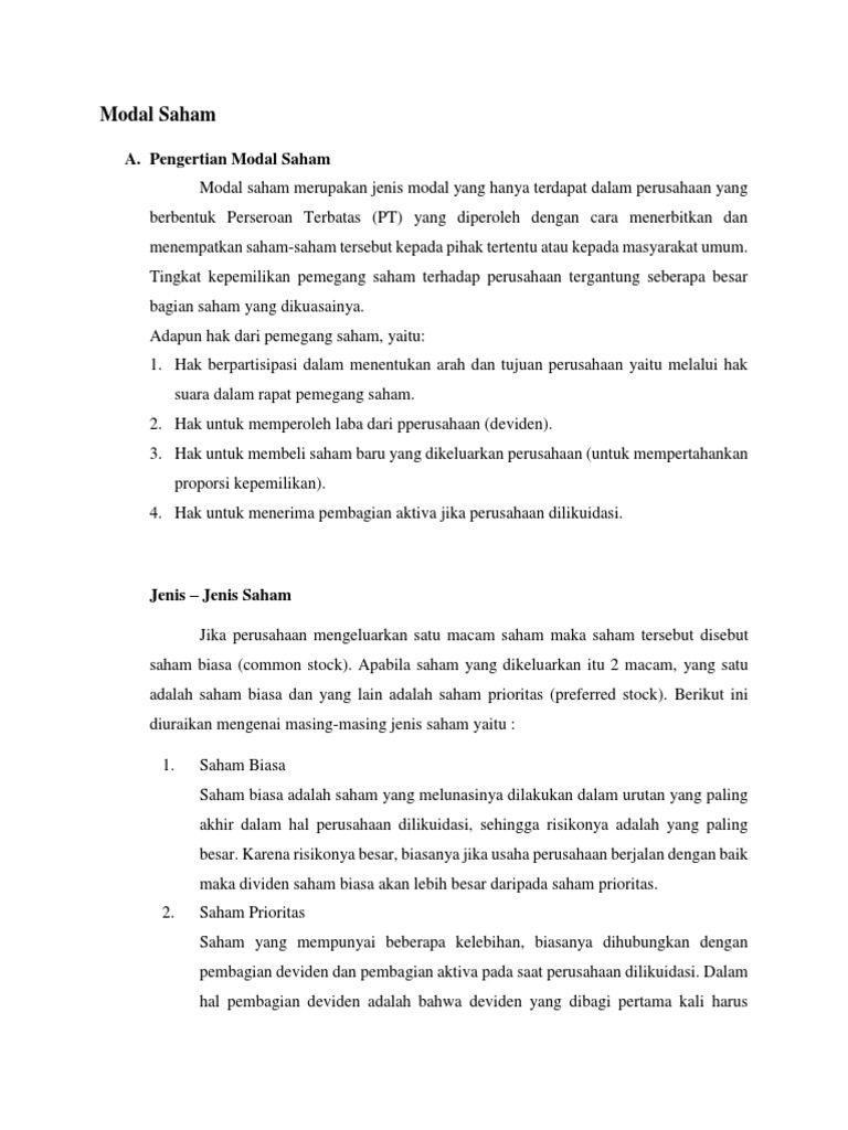 Pengertian dan Jenis Modal Saham | PDF | Bisnis | Pengelolaan Keuangan ...