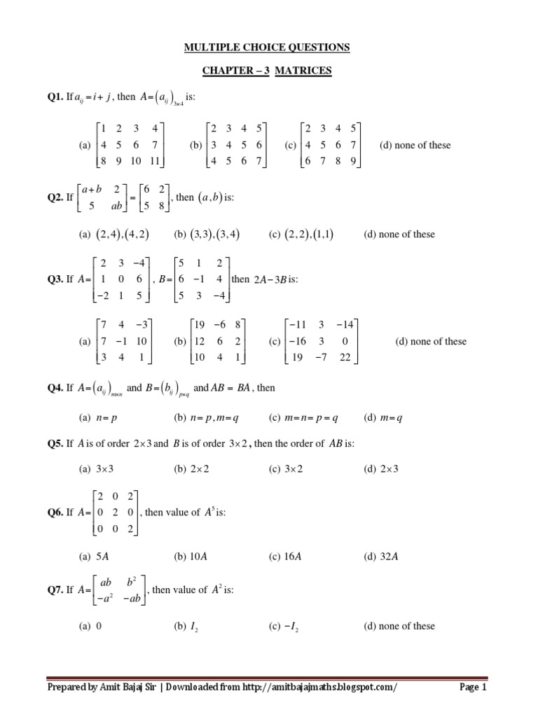 Ch 3 Matrices Multiple Choice Questions (With Answers) Matrix