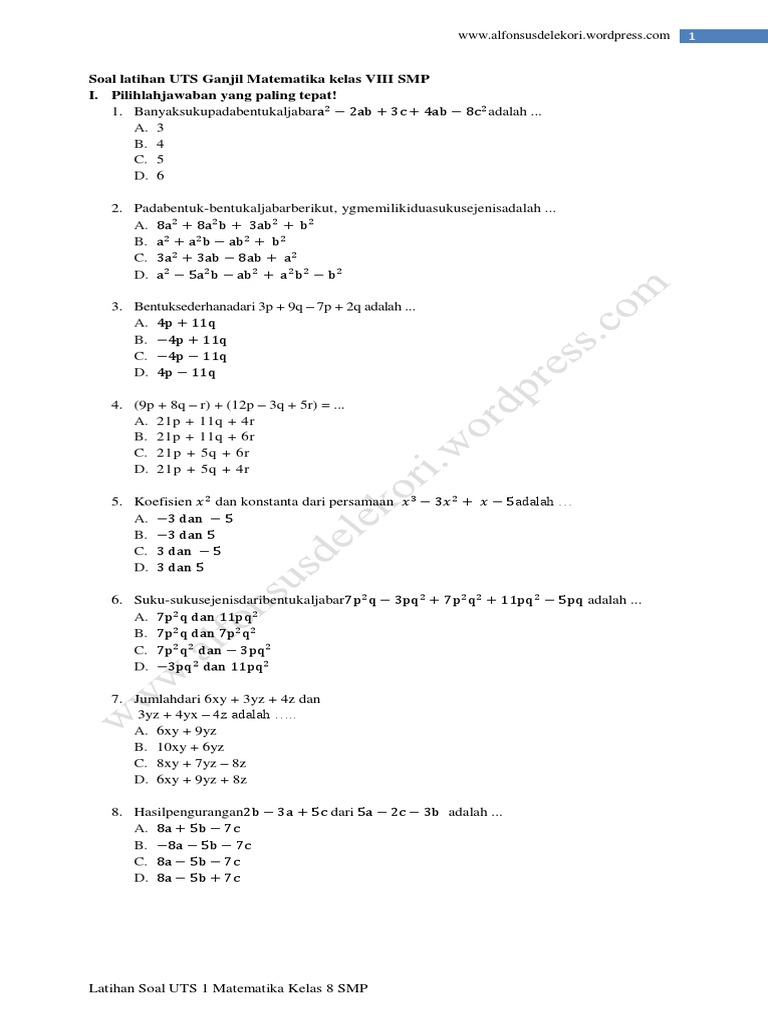 Soal Latihan Uts Matematika Semester 1 Kelas 8 Smp Pdf