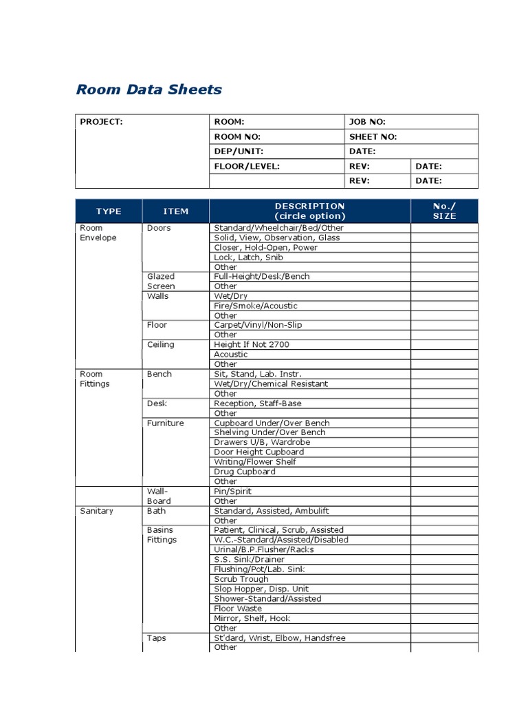 Room Data Sheet Template | PDF