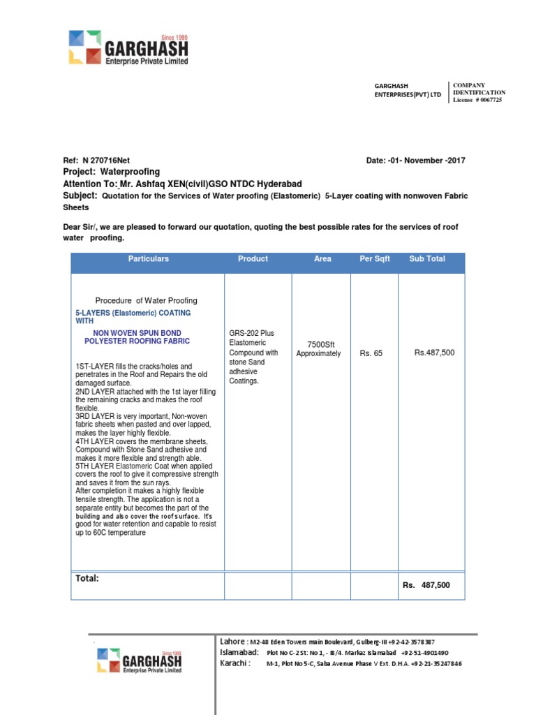 Waterproofing Quotation for Roof Services | PDF | Nonwoven Fabric ...
