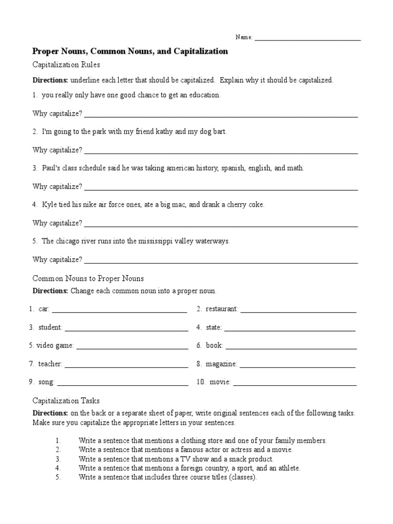 Common And Proper Nouns And Capitalization Worksheet Rtf