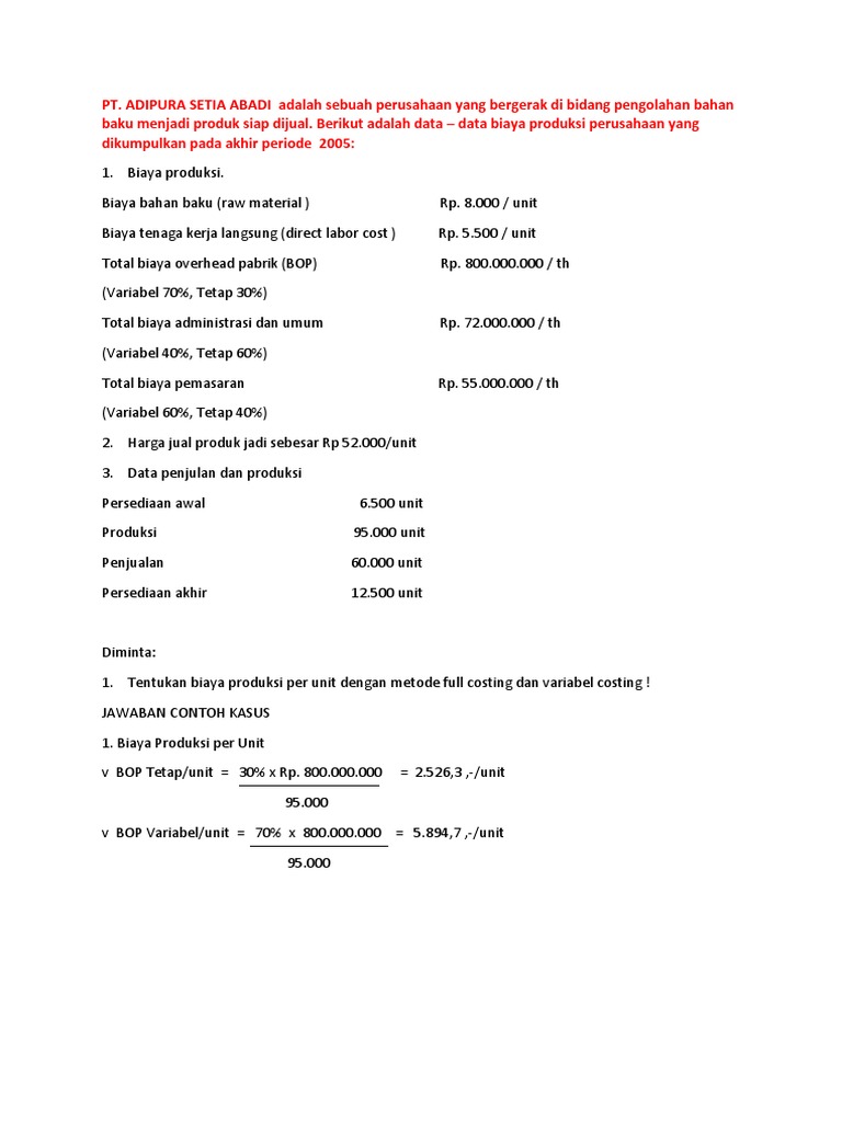 Contoh Soal Laporan Laba Rugi Metode Full Costing Dan