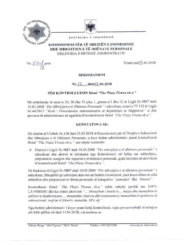 Rekomandimi Për Përgjimet e Hotelit Me 5 Yje Në Tiranë | PDF