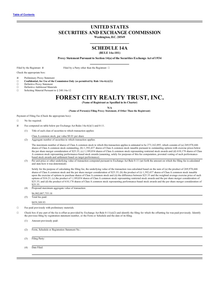 Forest City Realty Trust Preliminary Proxy Document, Sept. 21, 2018