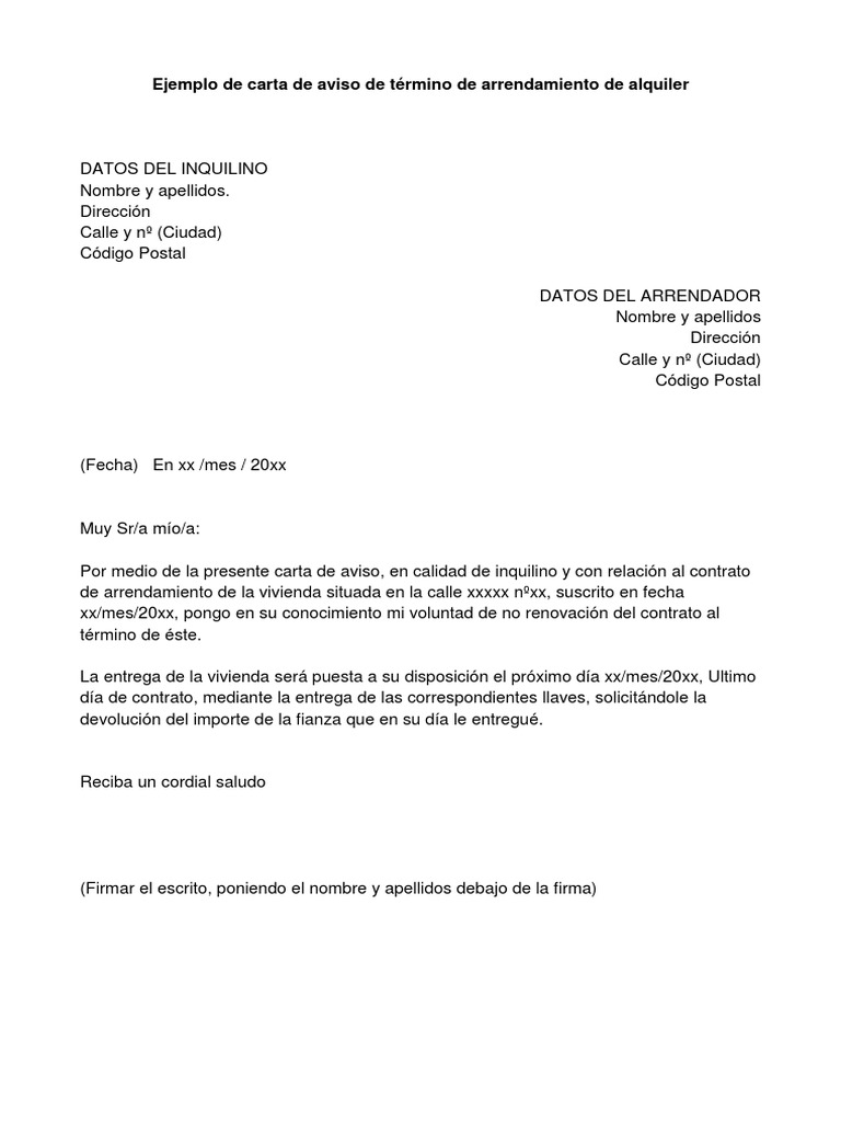 Ejemplo de carta de aviso de término de arrendamiento de alquiler
