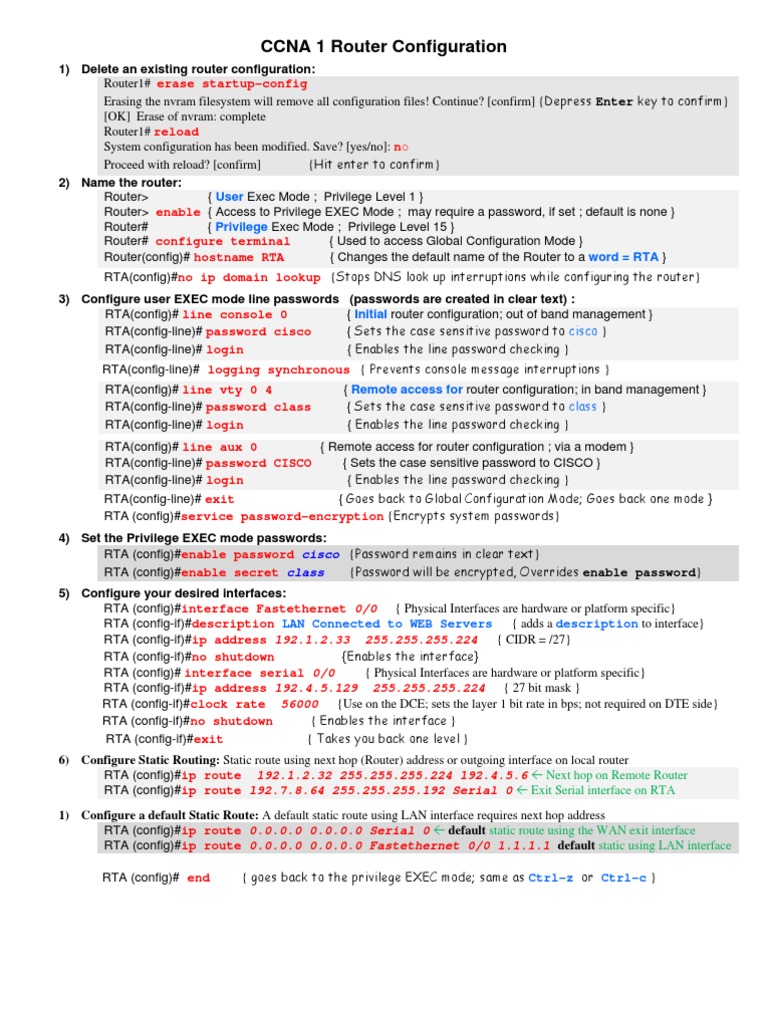 CCNA 1 Router & Switch Configuration Commands Router