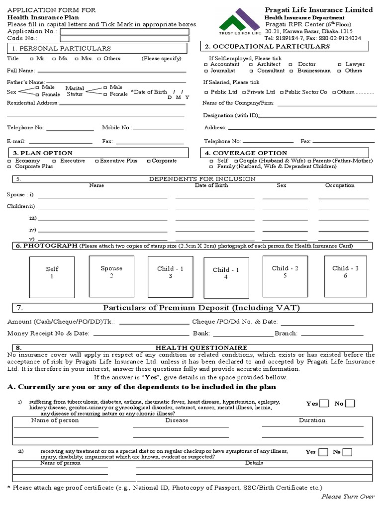 Health Insurance Application Form PDF Chronic Condition Insurance