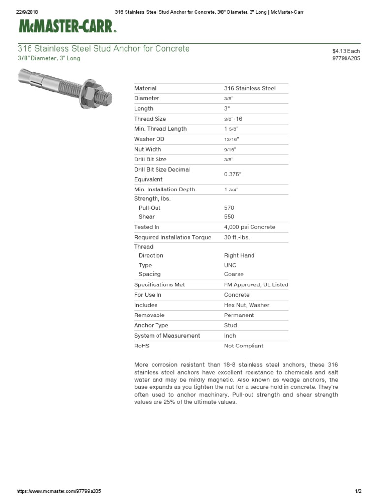 316 Stainless Steel Stud Anchor For Concrete, 3 8 Diameter, 3