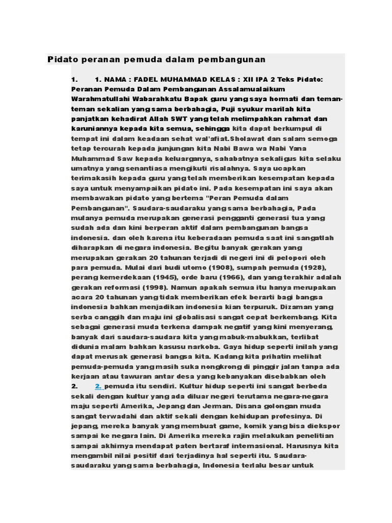 Contoh Pidato Dengan Tema Peranan Pemuda Dalam Pembangunan